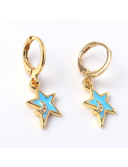 Fashion Blue Bronze Diamond Moon Drip Oil Pentagram Earrings