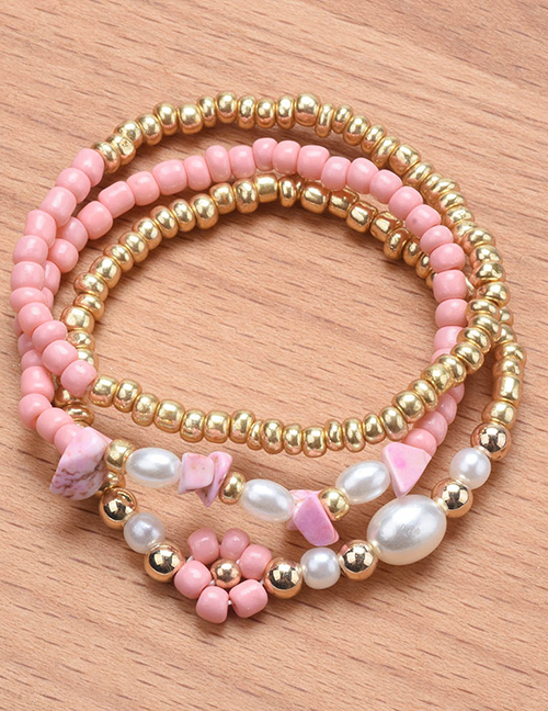 Fashion Pink Alloy Gold Plated Paneled Gravel Pearl Beaded Bracelet Set