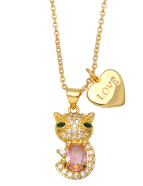Fashion Pink Copper Inlaid Zirconium Cat Heart Tag Necklace