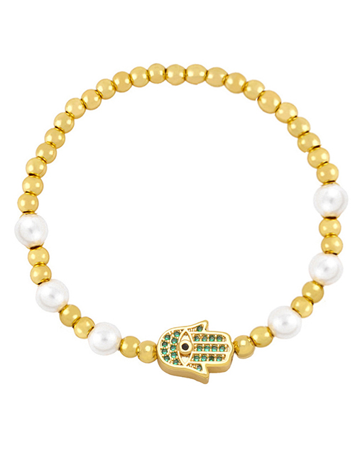 Fashion Green Brass Gold Plated Pearl Beaded Diamond Palm Eye Bracelet