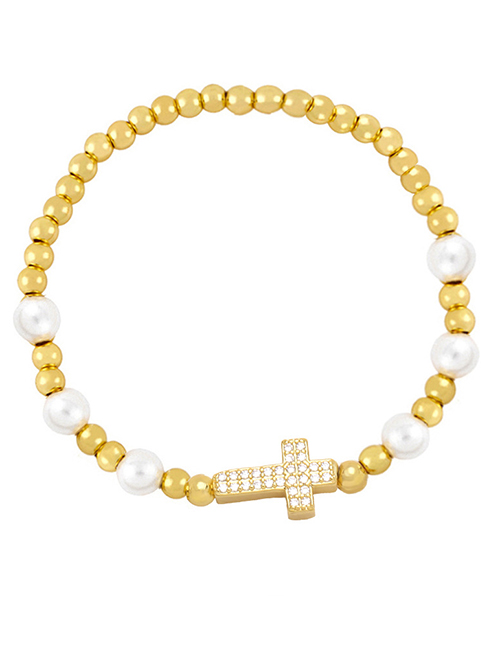 Fashion White Brass Gold Plated Beaded Diamond Cross Bracelet