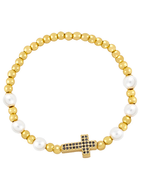 Fashion Black Brass Gold Plated Beaded Diamond Cross Bracelet
