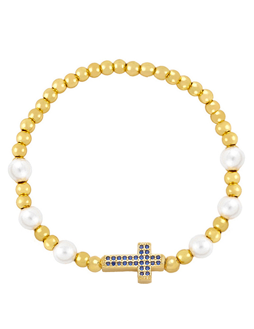 Fashion Blue Brass Gold Plated Beaded Diamond Cross Bracelet