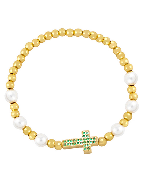 Fashion Green Brass Gold Plated Beaded Diamond Cross Bracelet