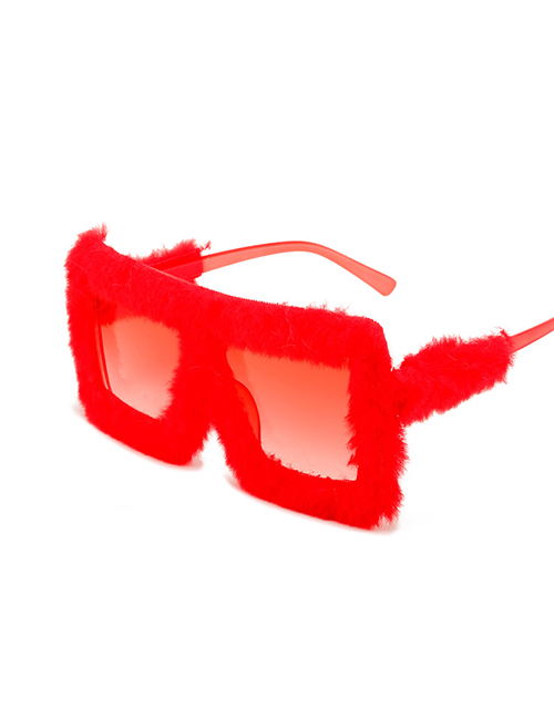 Fashion Red Frame Red Velvet Plush Square Oversized Sunglasses