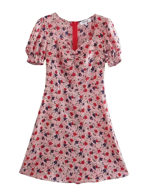 Fashion Red Floral Square Neck Dress