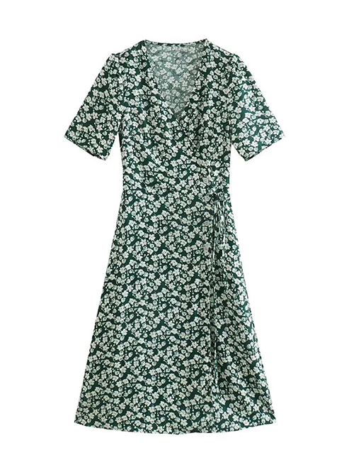 Fashion Green Geometric Print Lace-up V-neck Dress