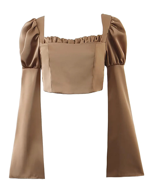 Fashion Brown Solid Square Neck Flared Sleeve Top