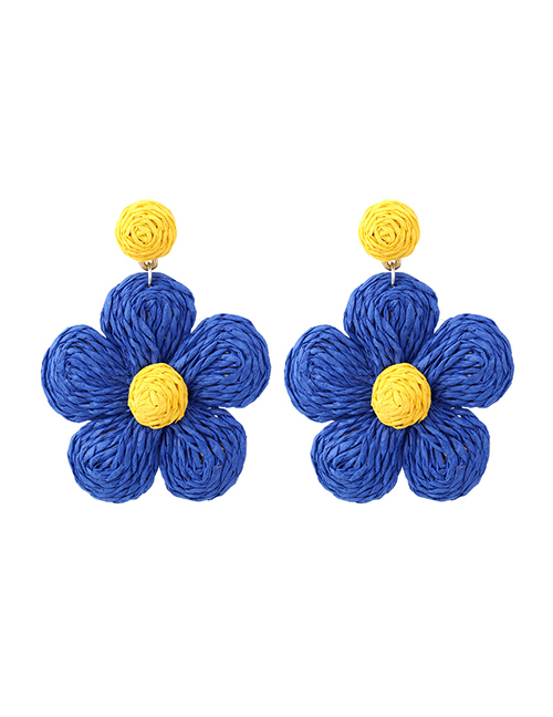 Fashion Navy Blue Braided Raffia Flower Stud Earrings