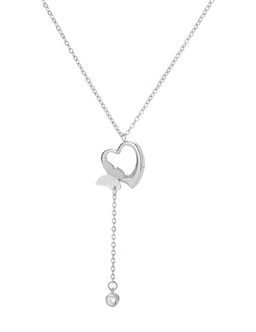 Fashion 4 - Platinum Titanium Steel Diamond Glitter Butterfly Cutout Heart Necklace