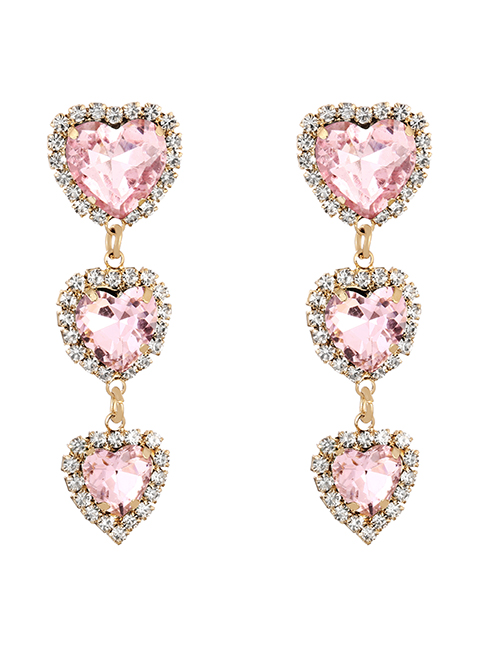 Fashion Pink Alloy Diamond Heart Stud Earrings