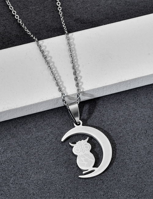 Fashion Owl Stainless Steel Moon Owl Necklace