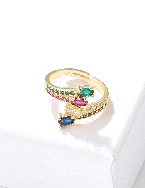 Fashion Four-color Diamond Ring Bronze Zirconium Geometric Ring