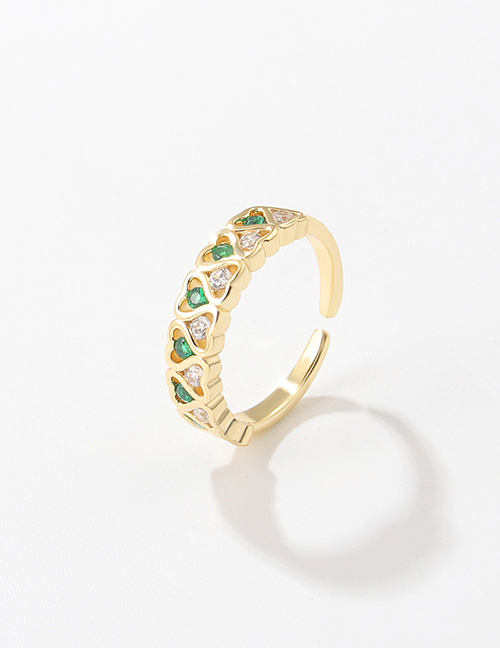 Fashion Green Brass Diamond Double Row Heart Open Ring