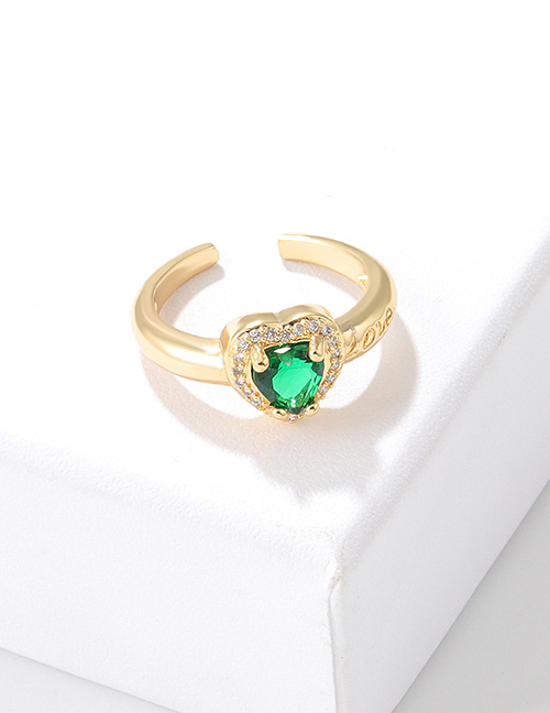 Fashion Green Brass Zirconium Heart Open Ring