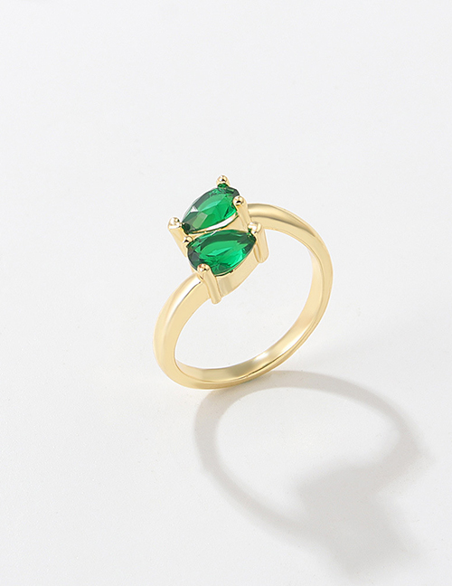 Fashion Green Teardrop Double Brass Ring Geometric Open Ring With Bronze Diamonds