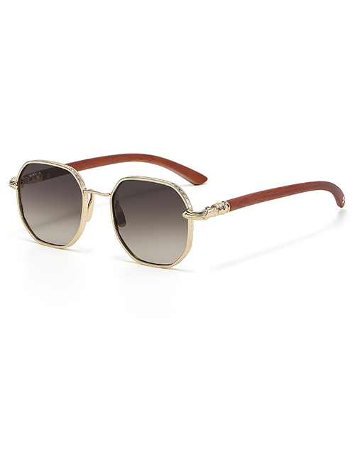 Fashion Golden Tea Grey Pc Round Frame Wood Grain Large Frame Sunglasses
