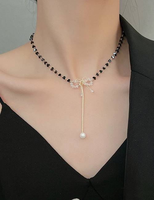 Fashion Gold Black Crystal Beaded Diamond Bow Necklace