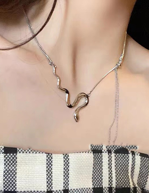 Fashion Silver Titanium Steel Geometric Snake Chain Double Necklace