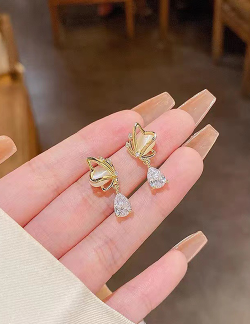 Fashion Gold Metal Diamond Butterfly Cat Eye Stud Earrings