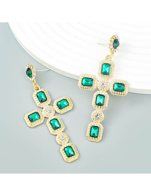 Fashion Green Alloy Diamond Cross Stud Earrings