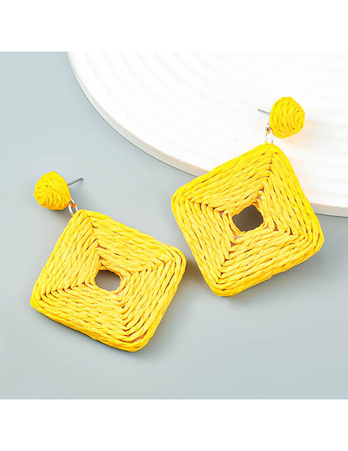 Fashion Yellow Cutout Square Braided Raffia Stud Earrings