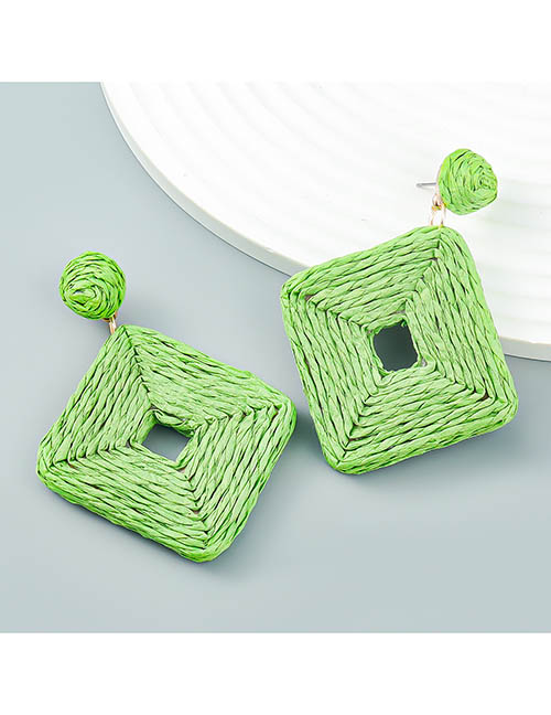 Fashion Green Cutout Square Braided Raffia Stud Earrings