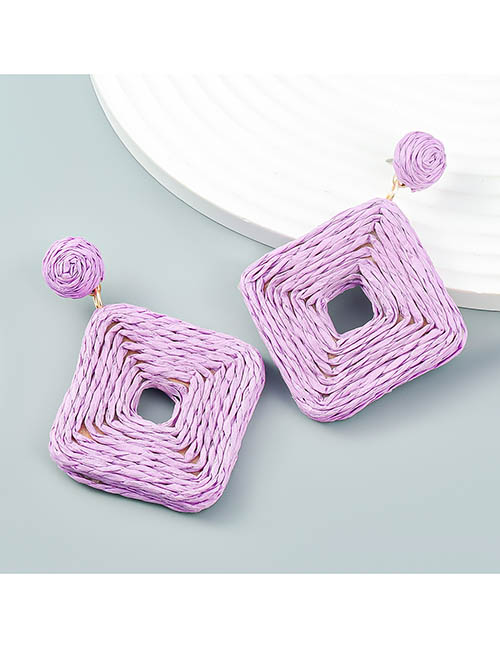 Fashion Purple Cutout Square Braided Raffia Stud Earrings