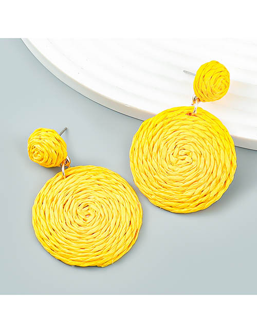 Fashion Yellow Solid Braided Raffia Round Stud Earrings