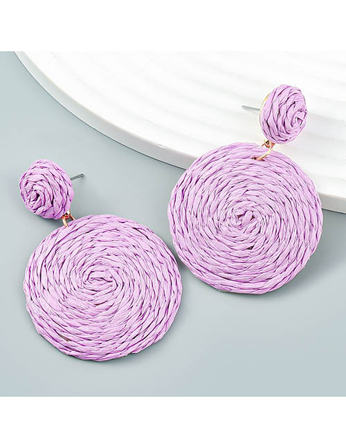 Fashion Purple Solid Braided Raffia Round Stud Earrings