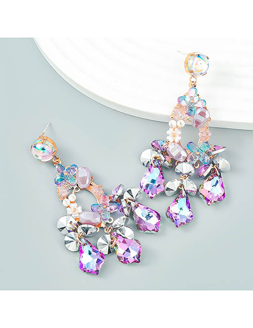 Fashion Purple Alloy Diamond Floral Drop Earrings
