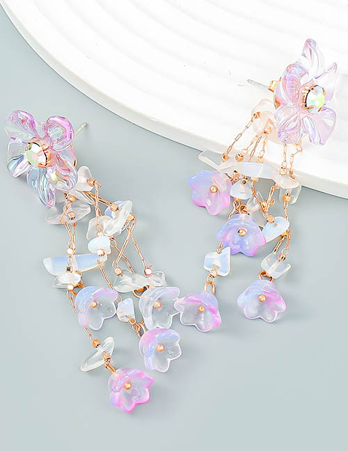 Fashion Purple Resin Lily Of The Valley Floral Layered Fringe Drop Earrings