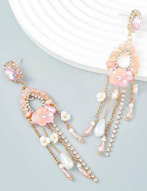 Fashion Pink Alloy Diamond Resin Floral Tassel Drop Earrings