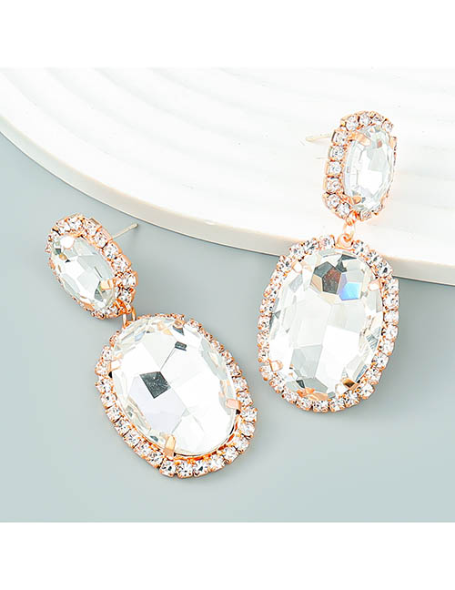 Fashion White Alloy Set Oval Glass Diamond Geometric Stud Earrings