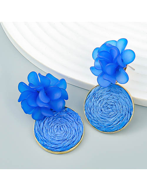 Fashion Blue Resin Floral Braided Raffia Round Stud Earrings