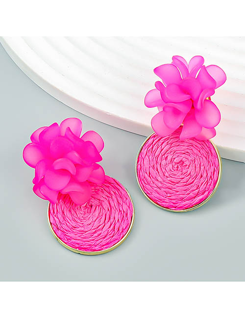 Fashion Rose Red Resin Floral Braided Raffia Round Stud Earrings
