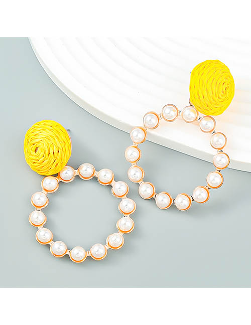 Fashion Yellow Geometric Raffia Braided Alloy Set Pearl Round Stud Earrings