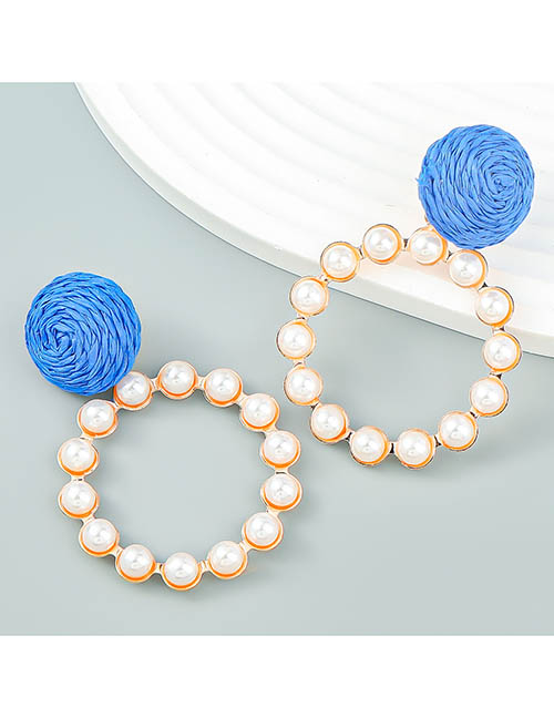Fashion Blue Geometric Raffia Braided Alloy Set Pearl Round Stud Earrings