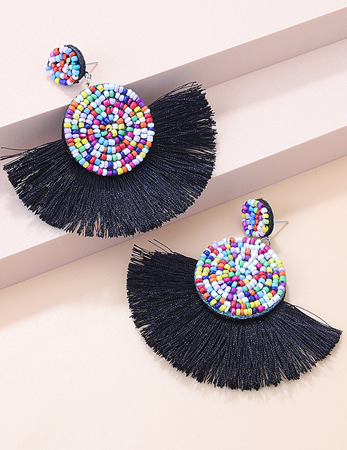 Fashion Black Rice Bead Braided Tassel Round Stud Earrings