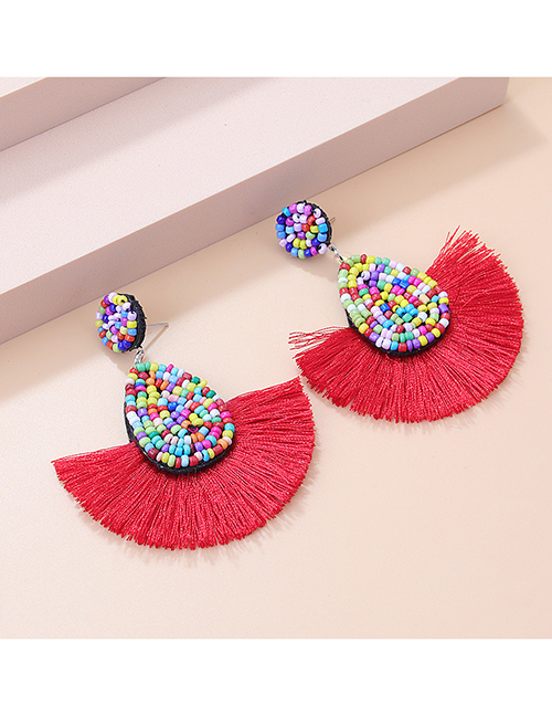Fashion Red Waterdrop Rice Bead Braided Tassel Stud Earrings