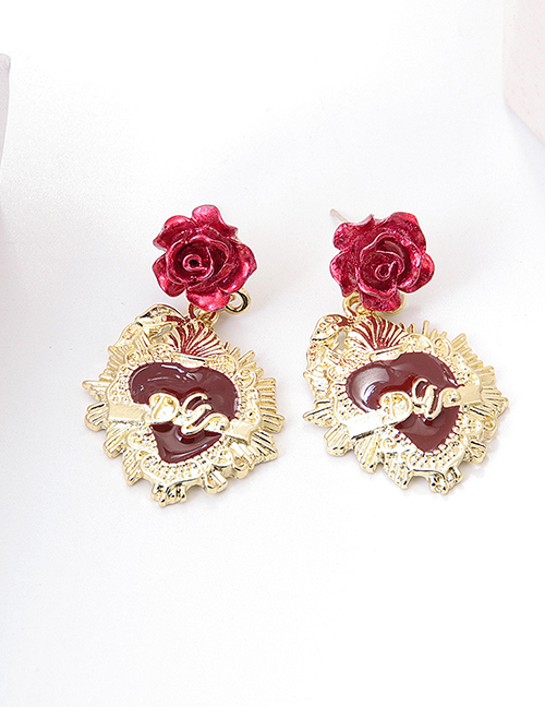 Fashion Rose Sacred Heart Earrings Alloy Red Rose Heart Stud Earrings