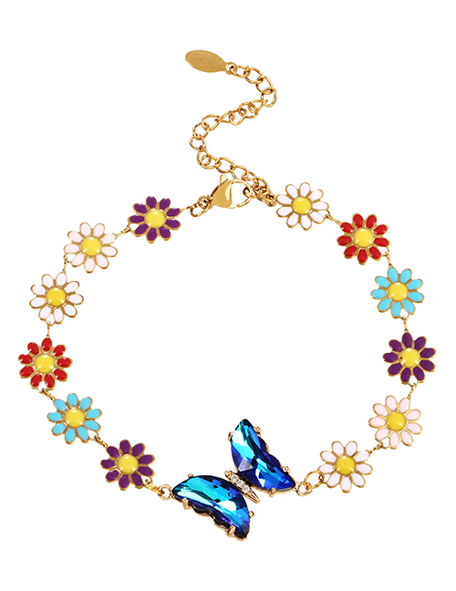 Fashion Blue Titanium Steel Inlaid Zirconium Oil Drop Flower Crystal Butterfly Bracelet