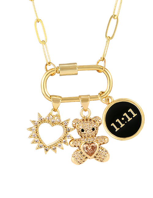 Fashion Black Bronze Zirconium Heart Bear Drip Oil Medal Necklace