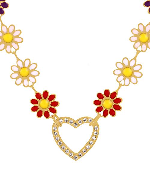 Fashion Love Titanium Steel Inlaid Zircon Drip Oil Flower Hollow Heart Necklace