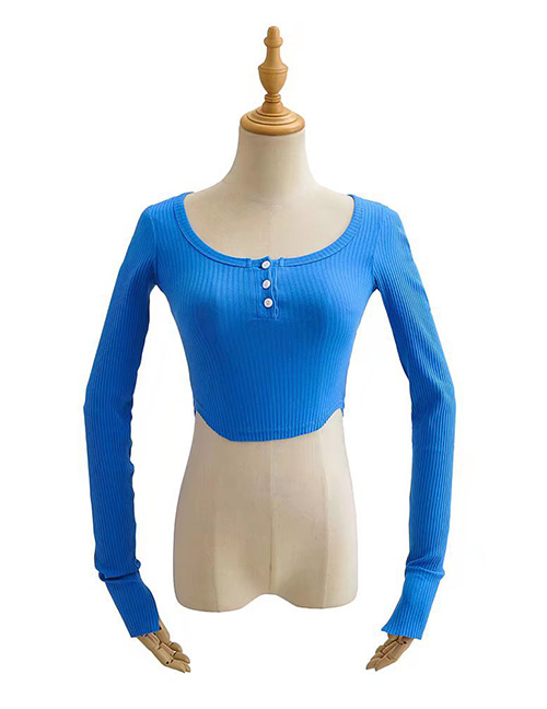 Fashion Blue Cotton Buttoned Curved Hem Long Sleeve Top  Cotton