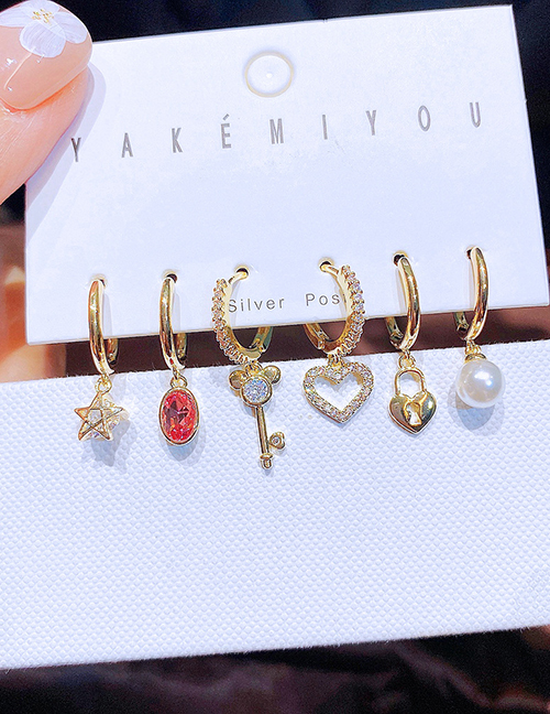 Fashion Gold Bronze Zirconium Geometric Love Key Pentagram Pearl Earring Set
