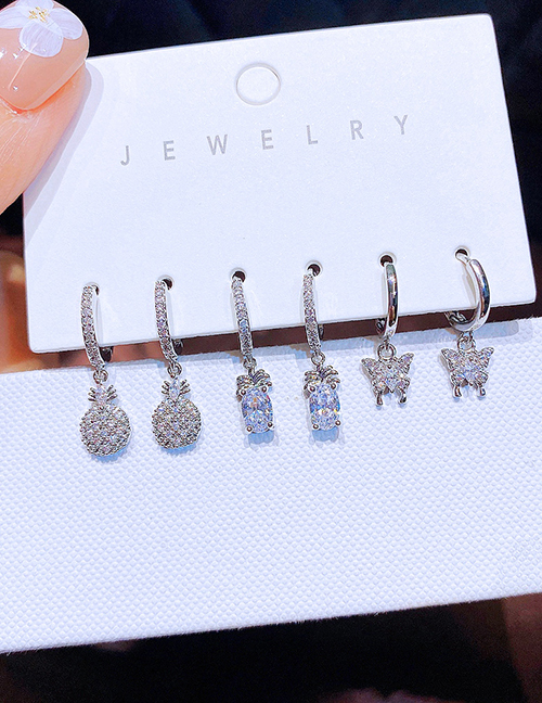 Fashion Silver Copper Zirconium Butterfly Pineapple Earrings Set