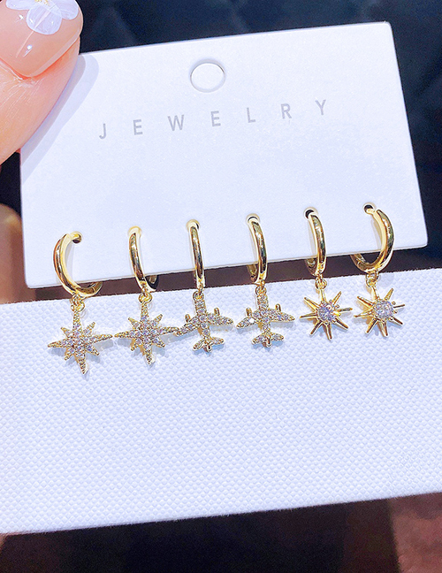 Fashion Gold Bronze Zirconium Small Plane Star Earrings Set