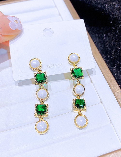Fashion Green Brass Set Square Zirconium Pearl Drop Earrings