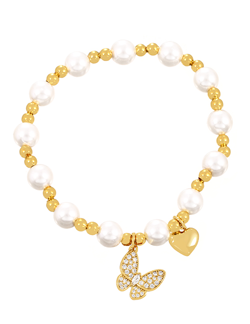 Fashion Gold Bronze Zirconium Butterfly Pearl Beaded Heart Bracelet